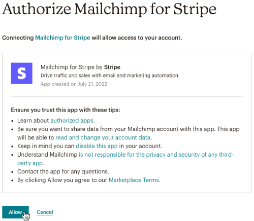 Authorize Mailchimp for Stripe